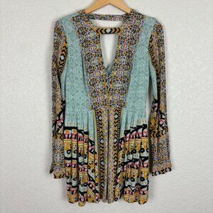 Free People Kegan Bohemian Mini Dress Geometric Print Keyhole Neckline Festival